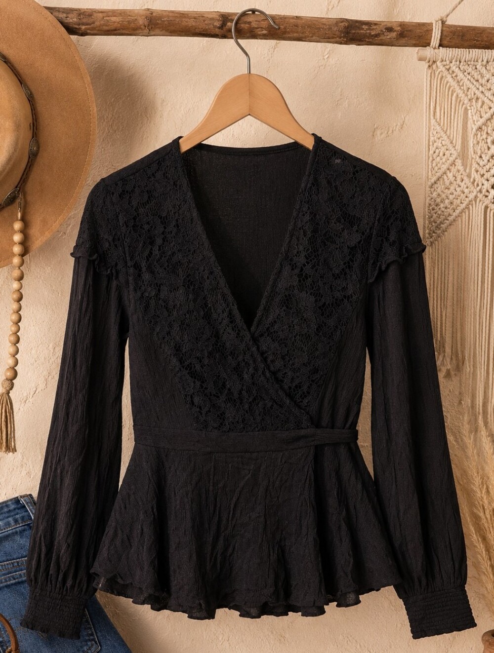 Torrid Plus Size 1x: Black Lace Detail Wrap Peplum Top